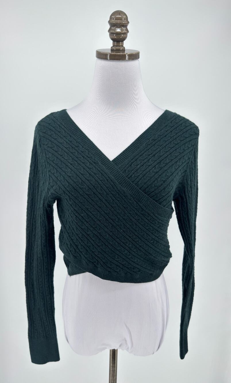 House of Harlow Hunter Green Cable-Knit Wool Blend Cropped Wrap Sweater Sz S